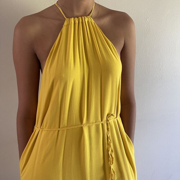 Urban Outfitters Halter Maxi Sun Dress Oversize XS Sleevless Slit Pockets Yellow - Picture 3 of 10